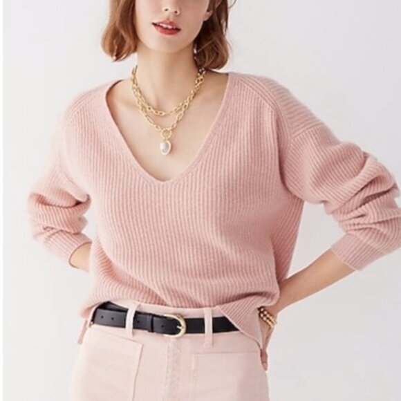 J. Crew Ribbed Cashmere Oversized V-Neck Sweater in Heather Muslin Size Small - Picture 4 of 4